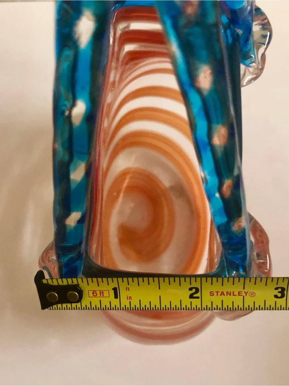 Handblown Glass Purse Vase with Orange Swirl and Blue Handle